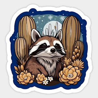 Cute Arizona Ring-tailed Cat Surrounded by White Cacti Blossom Sticker